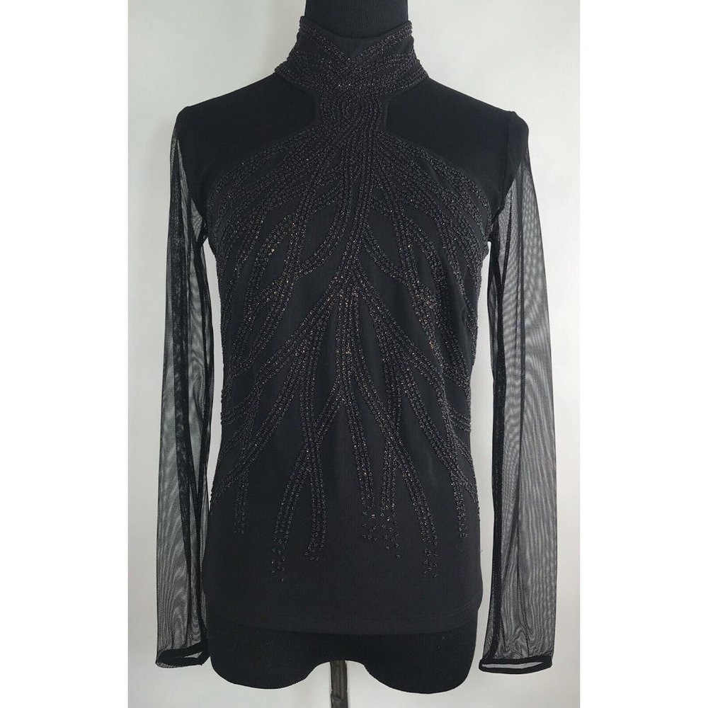 Kay Celine Womens Black‎ Sheer Sequin Top Holiday Party Size Small